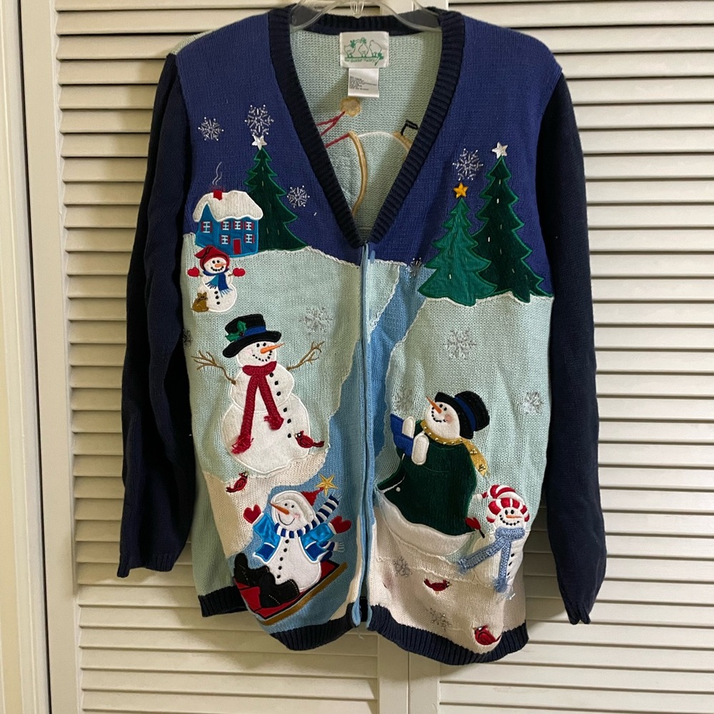 Ugly Christmas cardigan sweater snowman quacker factory large